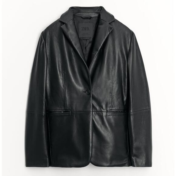 Zara Black Blazer Jacket Women's Small Vegan Leather Punk Bikercore Outdoor NWOT - Picture 1 of 13
